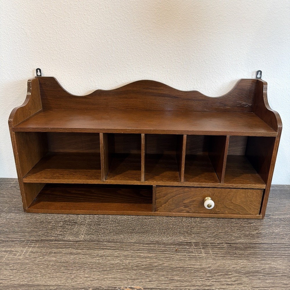 VTG Wood Desktop Organizer Mail Sorter 6 Cubbies Drawer Wall Hanging Desk